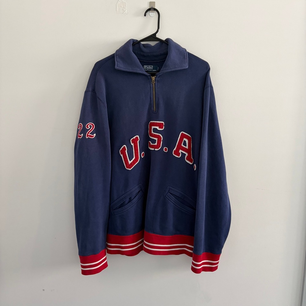 Polo‎ Ralph Lauren USA Quarter Zip Sweatshirt Navy Blue Red XL Varsity Pullover